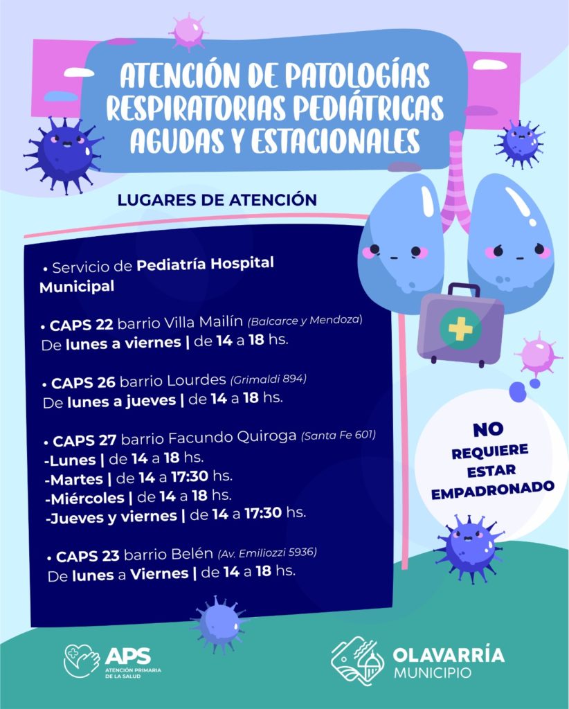 El Municipio recuerda la disponibilidad de distintos espacios para atención de patologías pediátricas respiratorias agudas y estacionales.