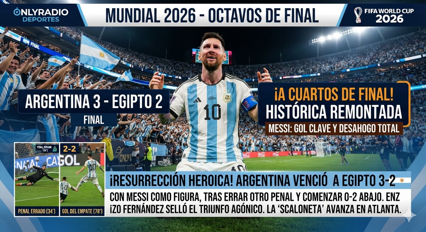 Pese a fallar otro penal, Lionel Messi fue decisivo en la remontada de Selección Argentina ante Selección de Egipto por los octavos de final del Mundial 2026.