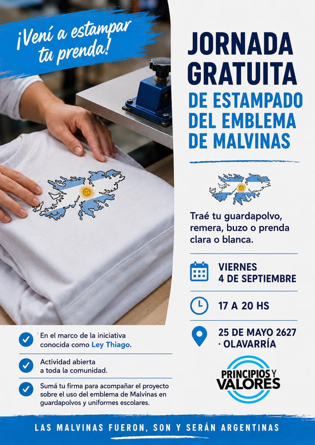Jornada gratuita de estampado del emblema de Malvinas en Olavarría.
