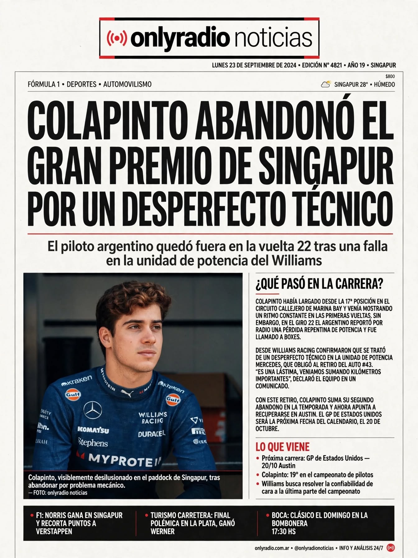 COLAPINTO ABANDONÓ EL GRAN PREMIO DE SINGAPUR POR UN DESPERFECTO TÉCNICO