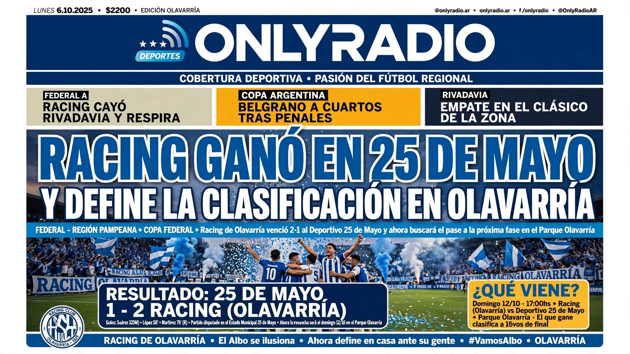 RACING GANÓ EN 25 DE MAYO Y DEFINE LA CLASIFICACIÓN EN OLAVARRÍA.