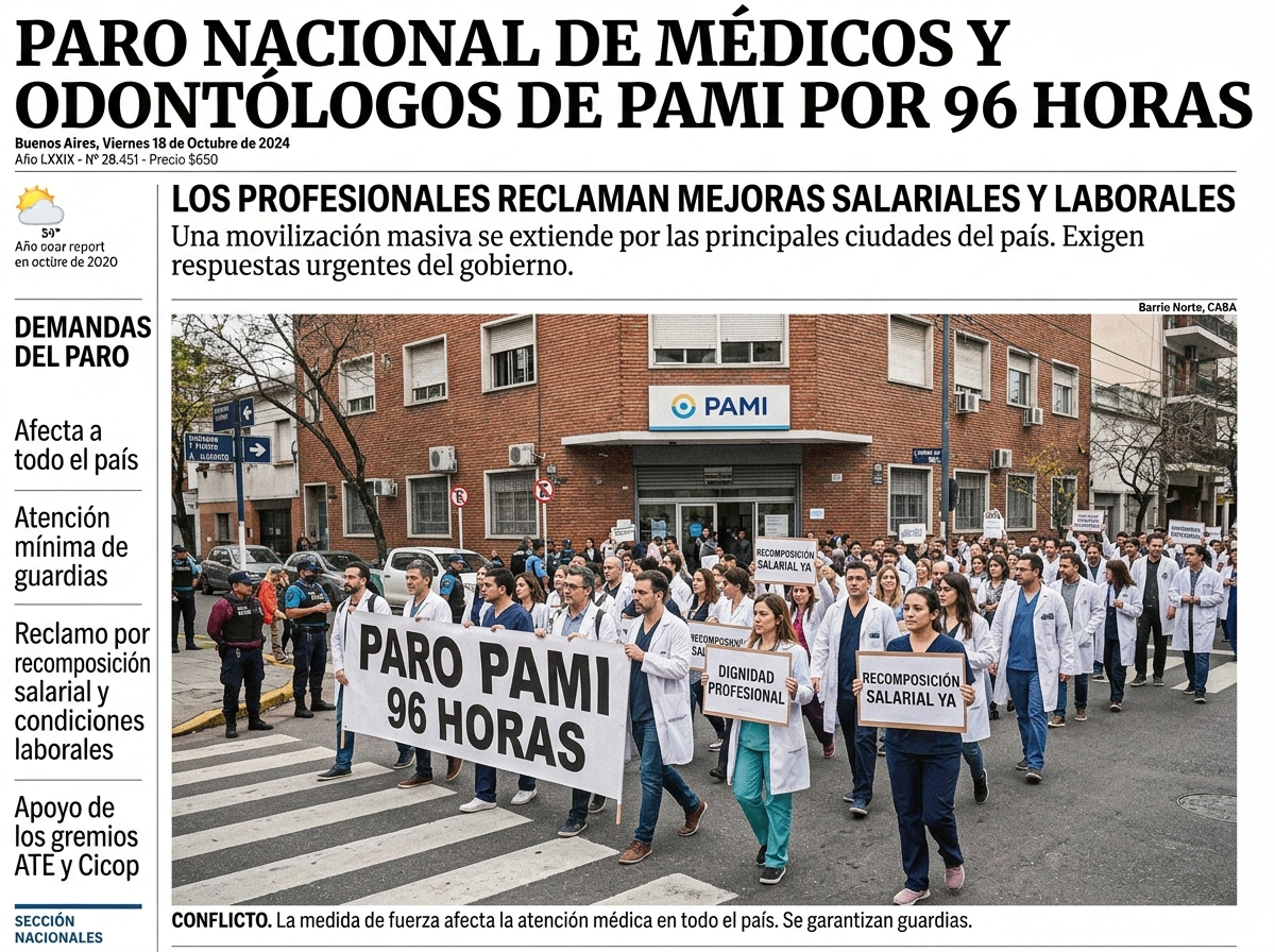 PARO NACIONAL DE MÉDICOS Y ODONTÓLOGOS DE PAMI POR 96 HORAS