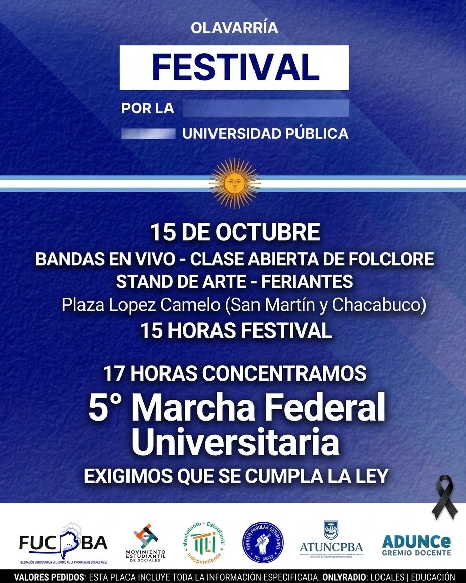 MARCHA FEDERAL UNIVERSITARIA: HABRÁ UN FESTIVAL Y UNA MOVILIZACIÓN EN OLAVARRÍA.